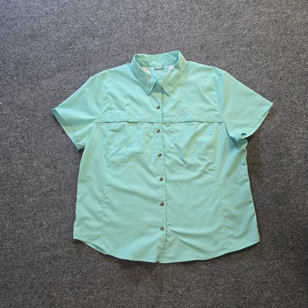 LL Bean Top Womens Size XL Petite Green Nylon Fishing Outdoors Button Up Vented